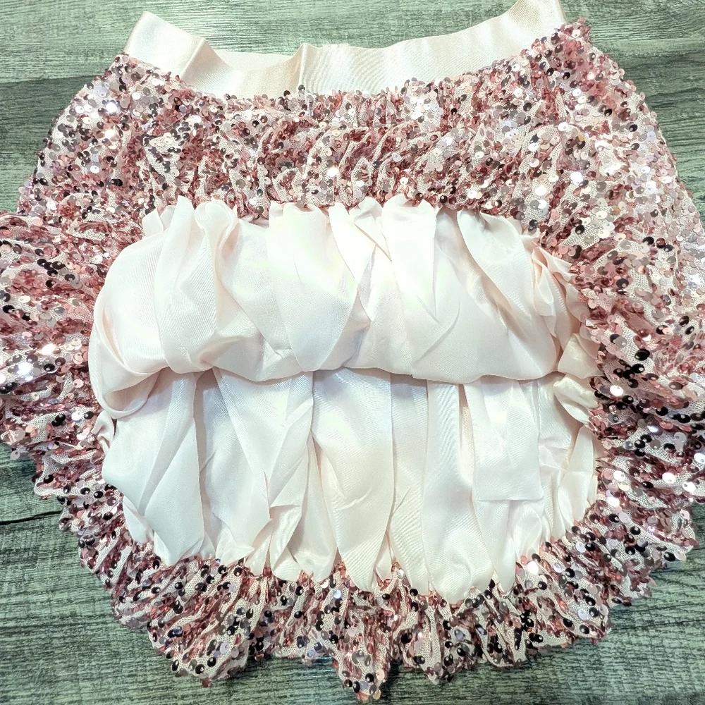 Pink Sequin Bubble Hem Mini Skirt Large Coquette Party Birthday NWT
